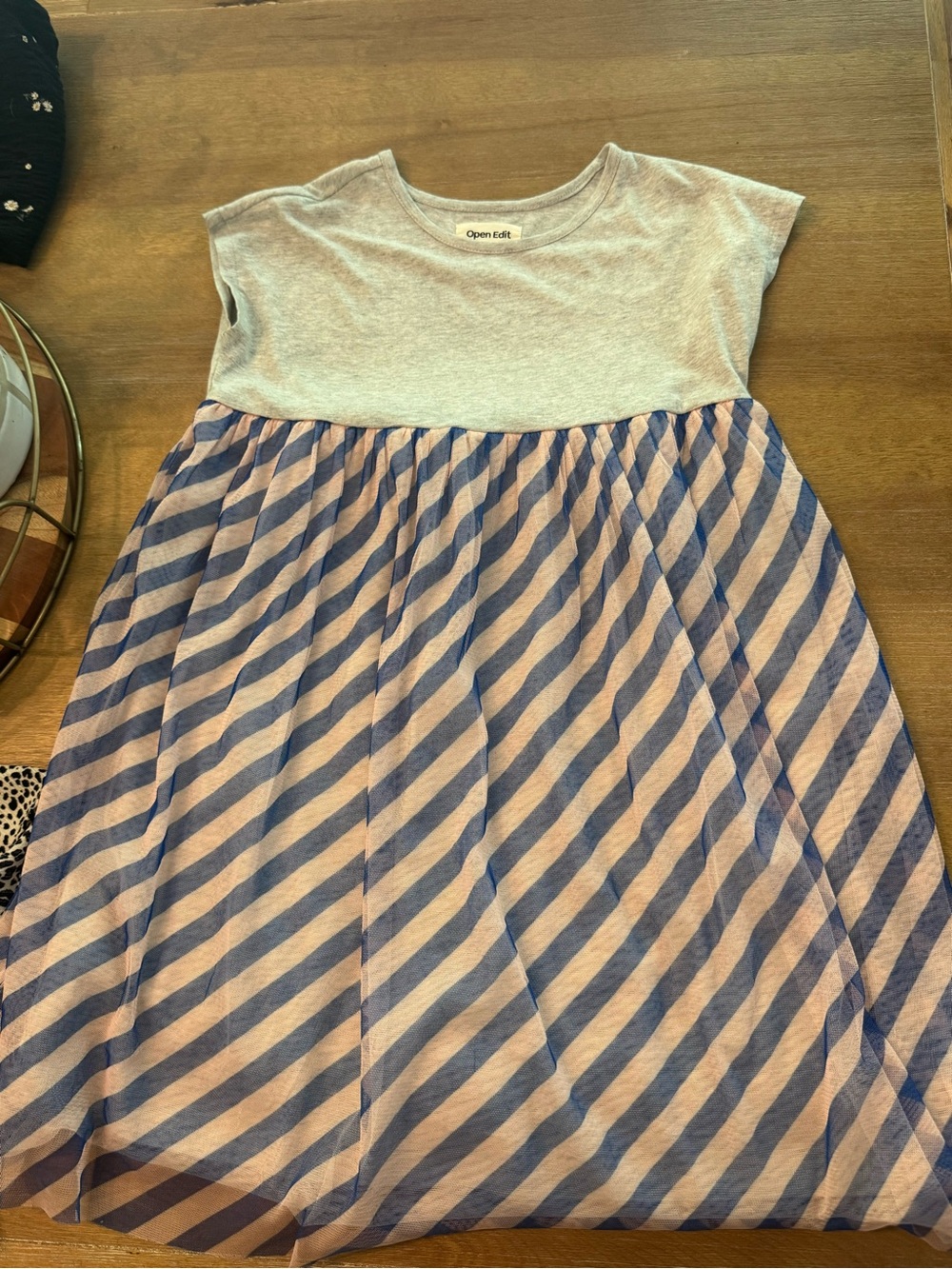 New Open Edit Girls' Blue and Cream Diagonal Stripe Casual Dress